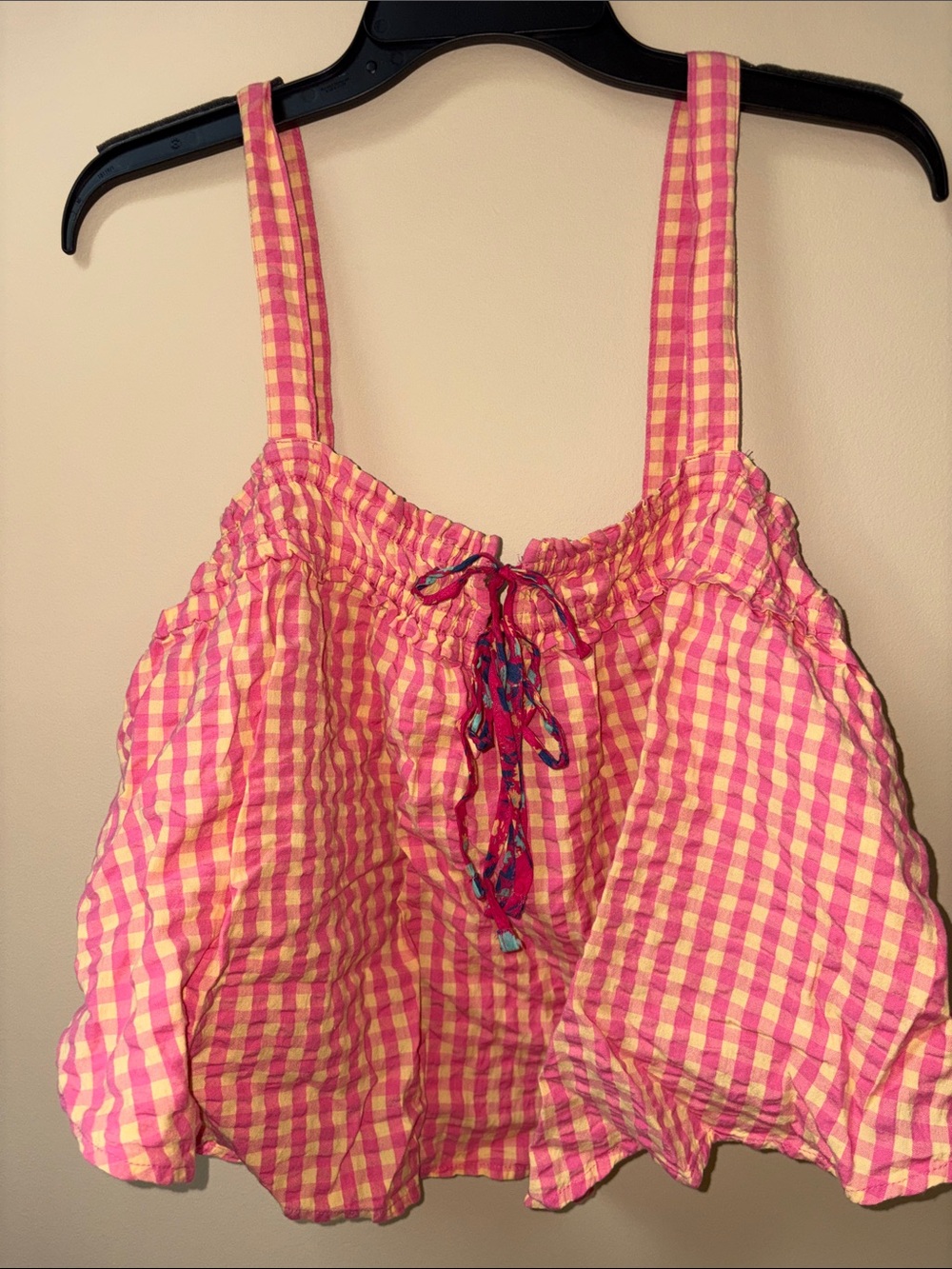 Free People Pink and Yellow Gingham Tie-Front Tank